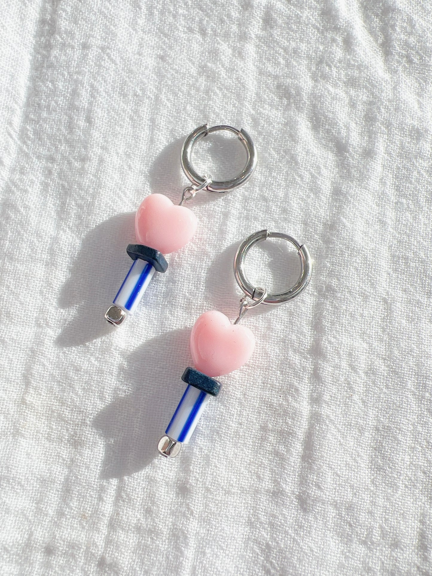 “Candy Pop” Pink Hearts - Silver Hoops