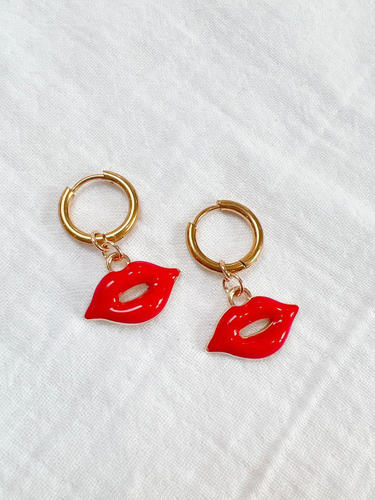 “Mwah” - Red Lips on 10mm Gold Hoops