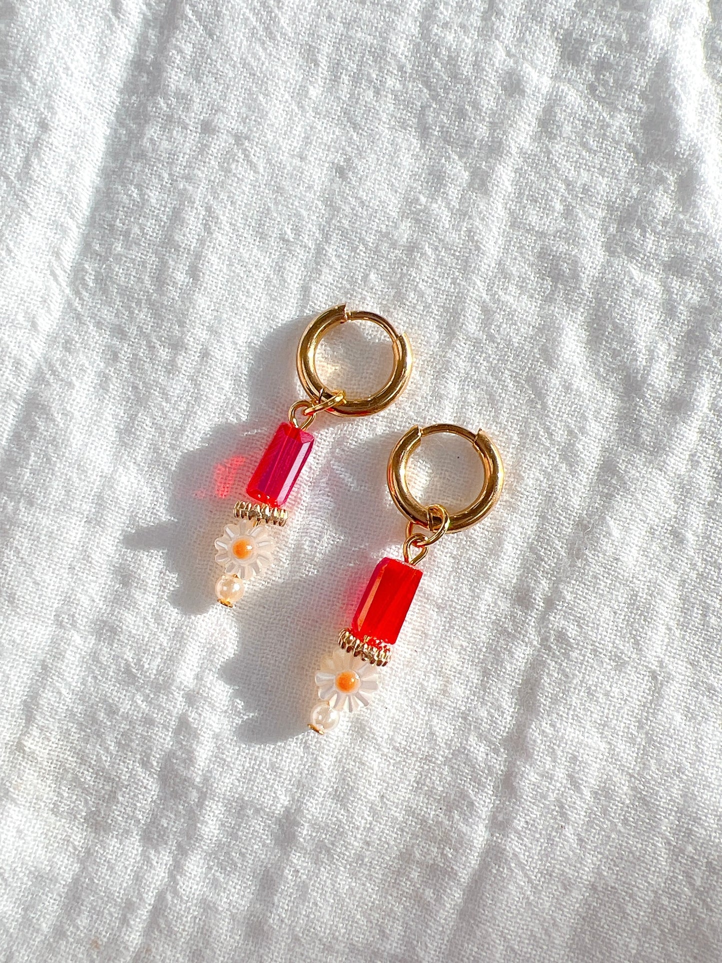 “Dinky Daisy” - Tiny Red Glass Drops in Gold