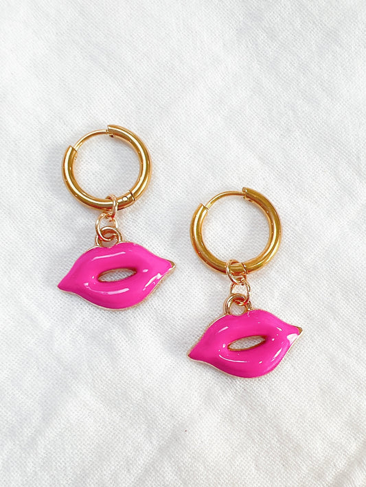 “Mwah” - Pink Lips on 10mm Gold Hoops