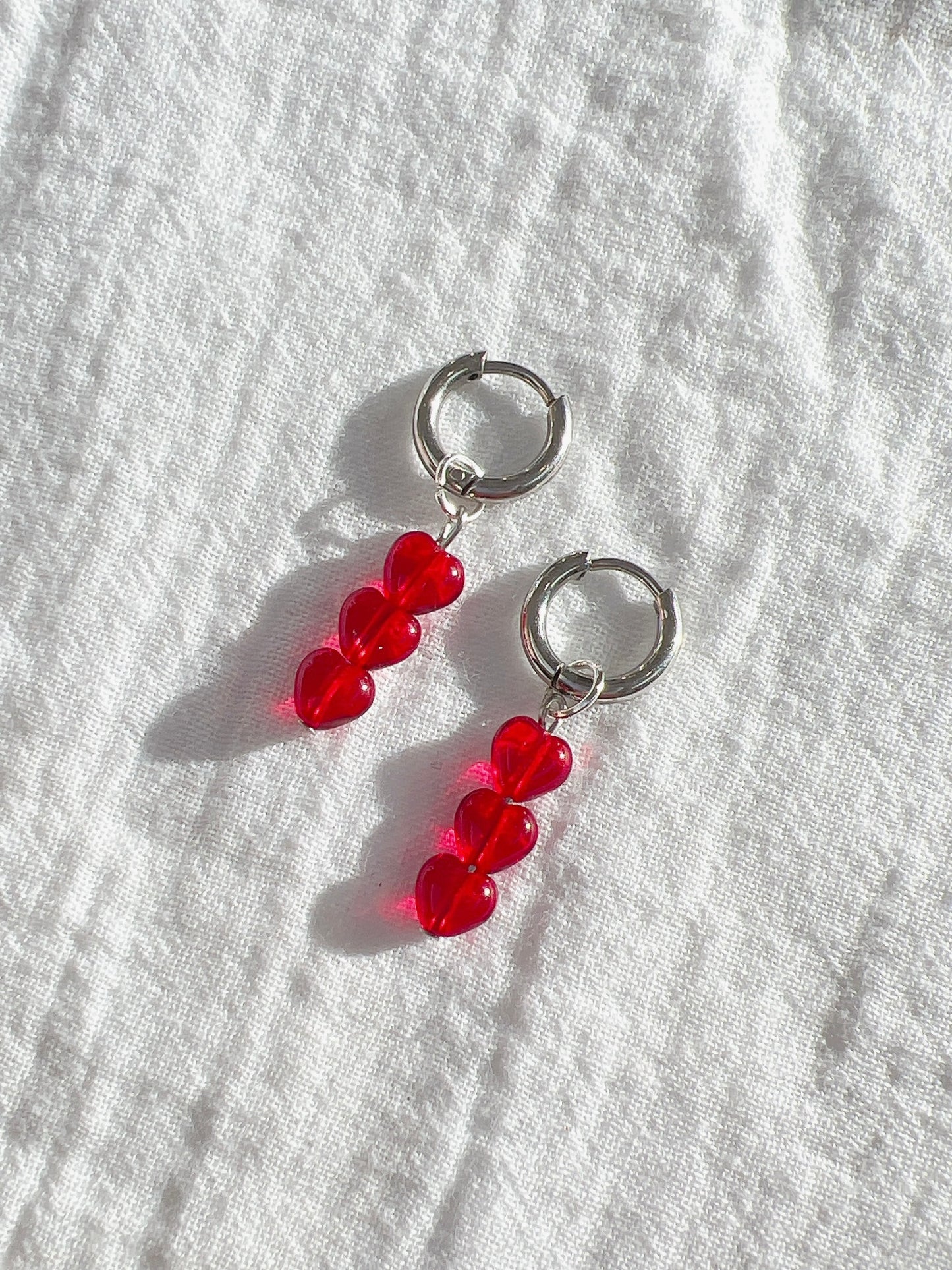 Triple Red Glass Heart- Silver Hoops