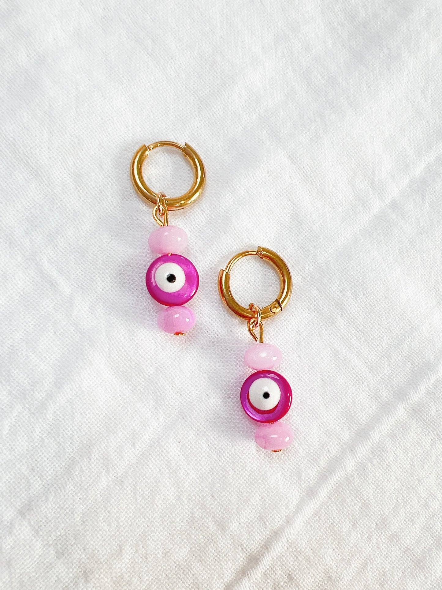 “Googly Eye” - Pink and Pink, on Gold Huggie Hoops