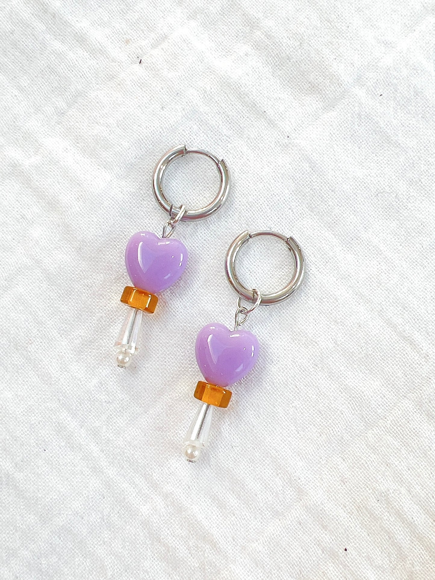 “Candy Pop” Lilac Hearts - Silver Hoops