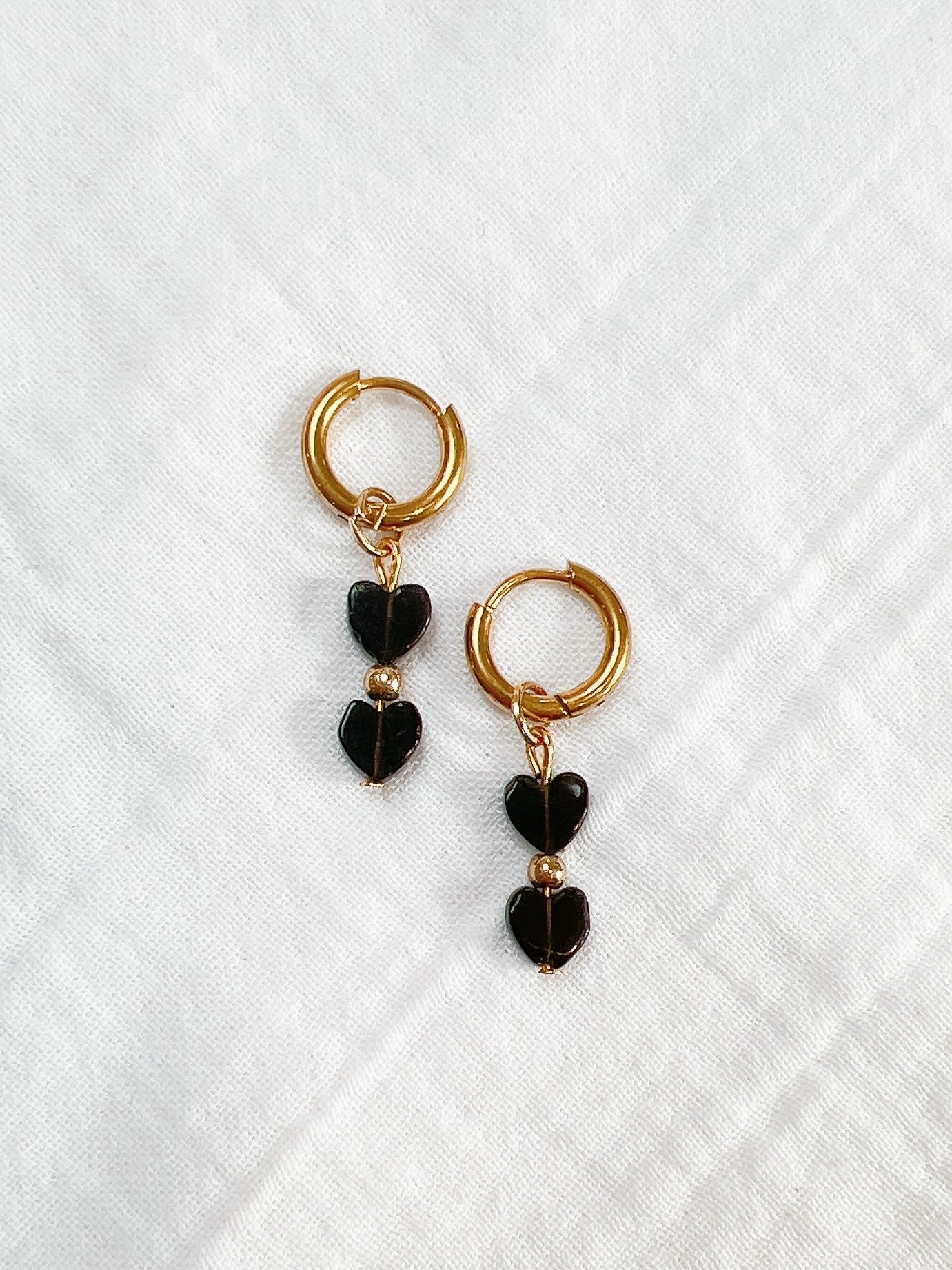 “Double Heart” - Black Obsidian Hearts on Gold Huggie Hoops