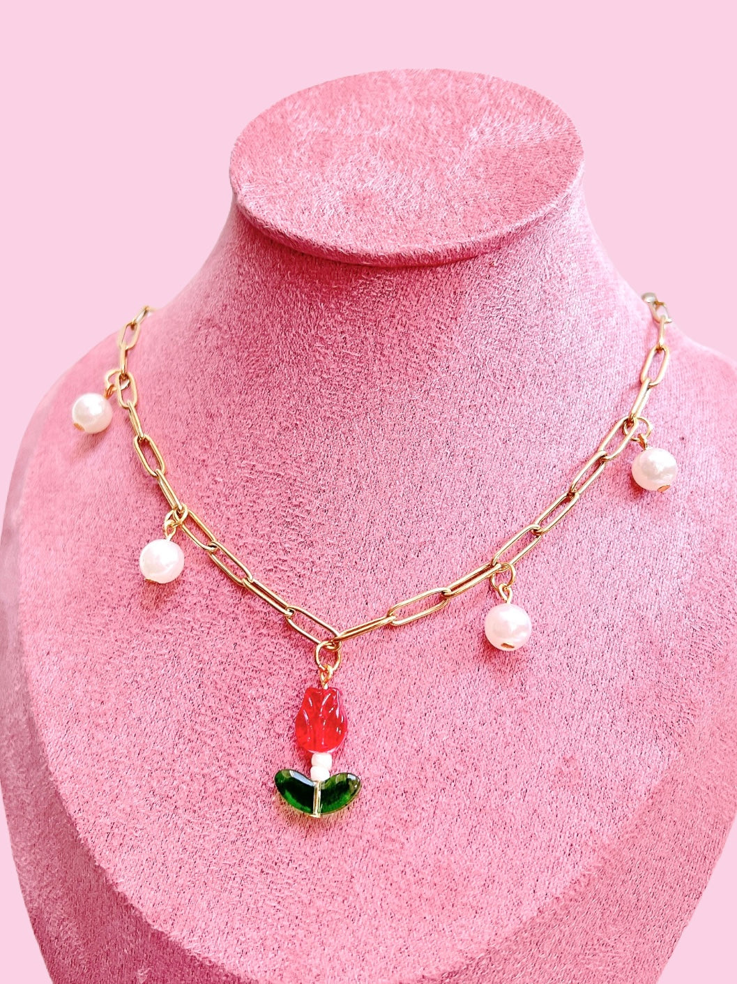 Charm Necklace - Red Tulip in Gold