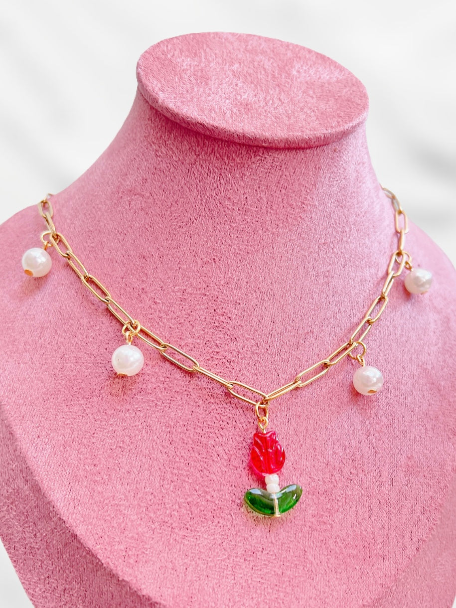 Charm Necklace - Red Tulip in Gold