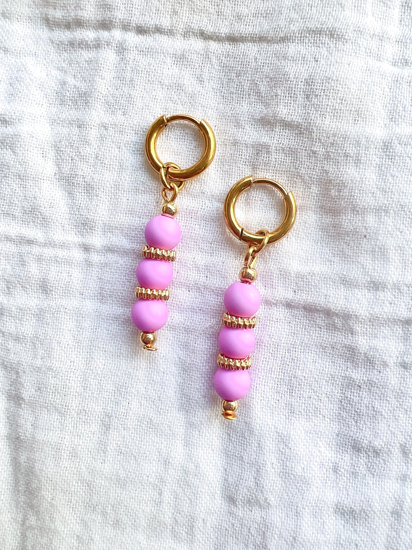 “Gracie” - Pink Beaded Drop Earrings On a Gold Hoop