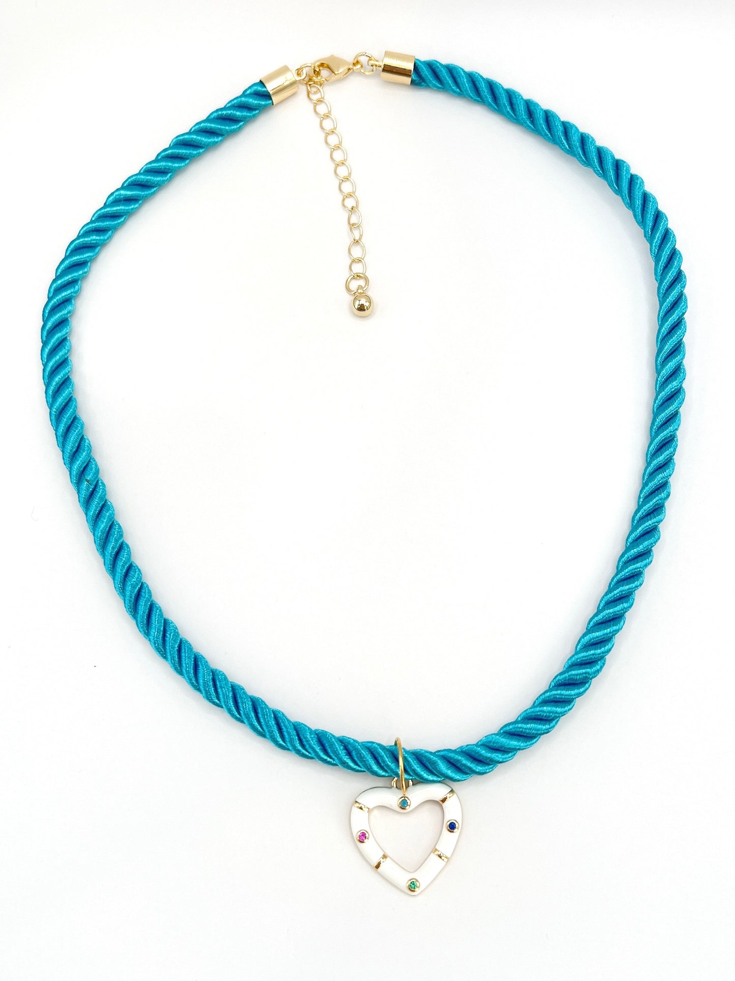 “Luxe Twist” - Cotton Silk Rope Necklace in Blue with White Enamel Heart Charm