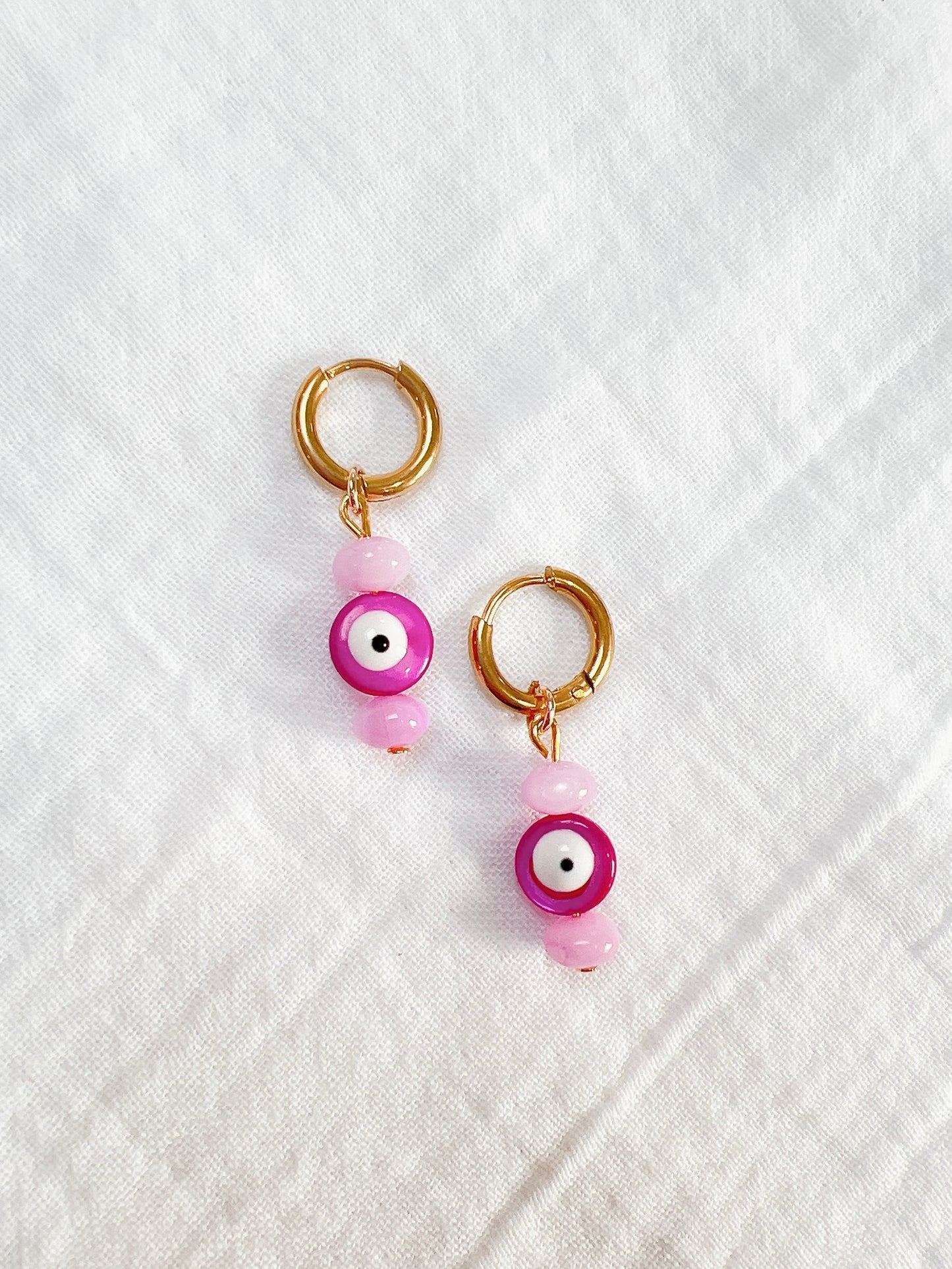 “Googly Eye” - Pink and Pink, on Gold Huggie Hoops