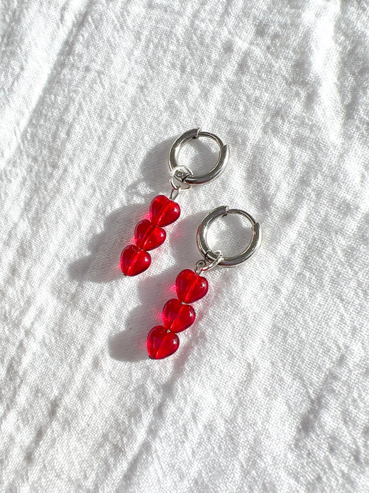 Triple Red Glass Heart- Silver Hoops