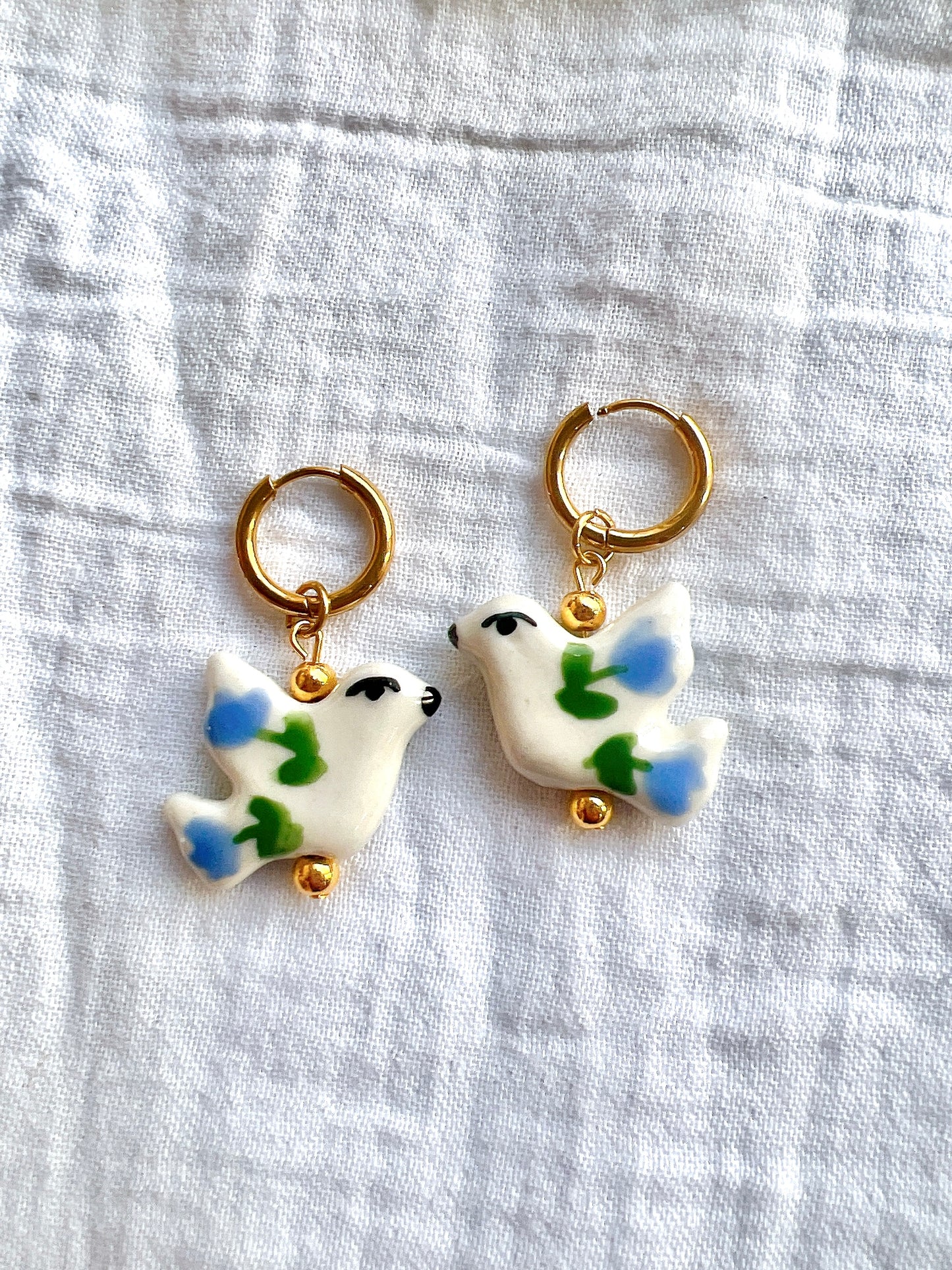 “Porcelain Doves” - Gold Hoop Earrings