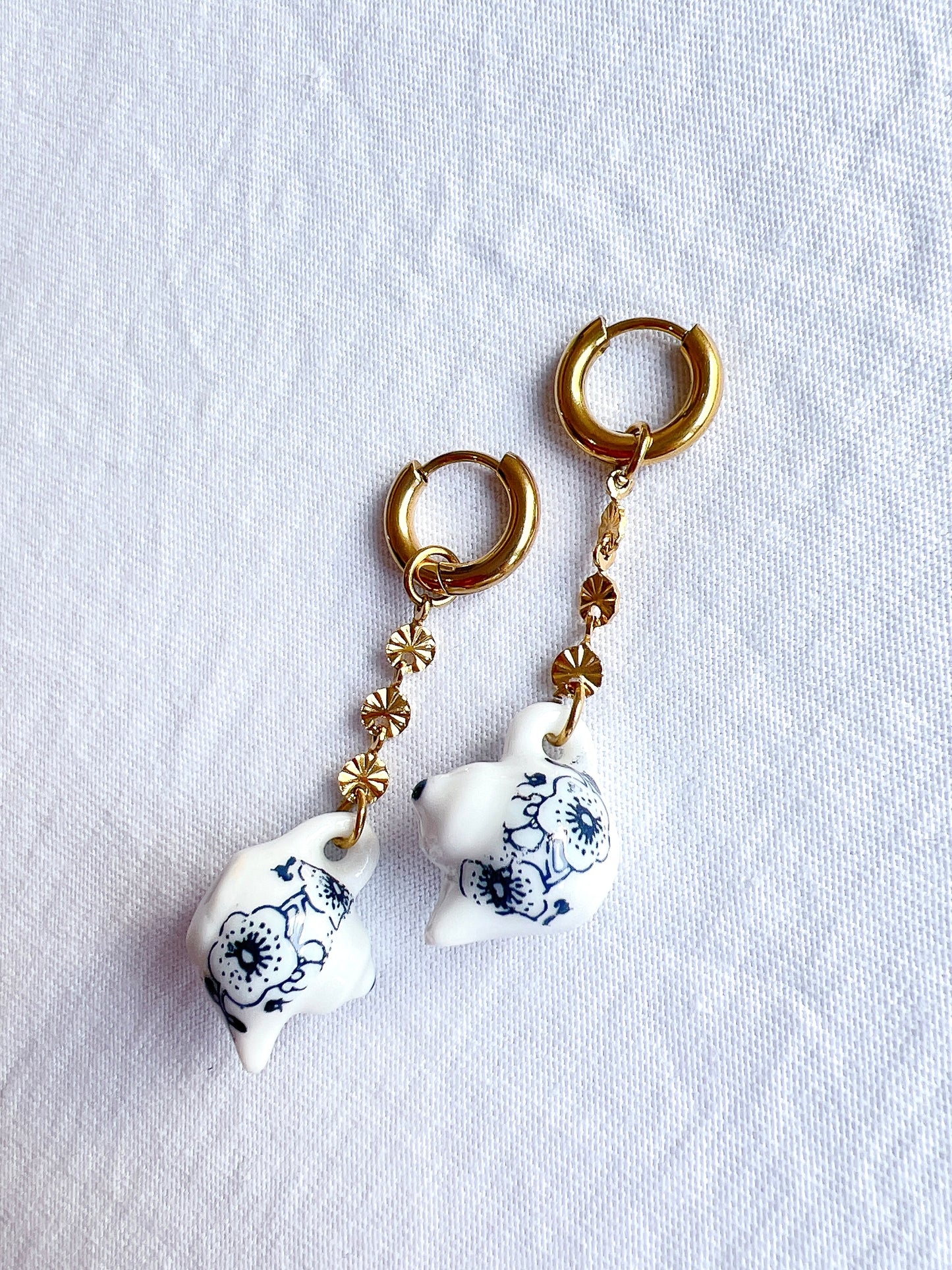 "Will You Have a Cuppa" - Porcelain Teapots on a Gold Huggie Hoop