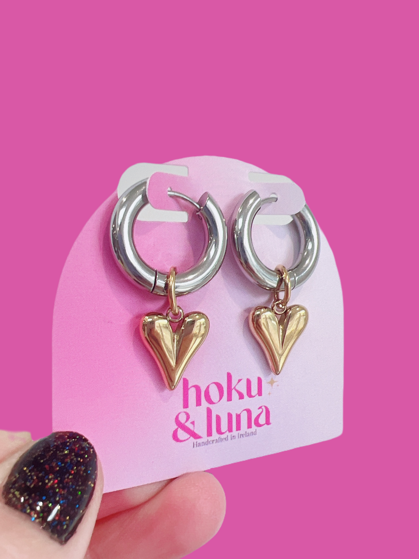 “Chunky Hearts”- Mixed Metal Silver Hoop Earrings