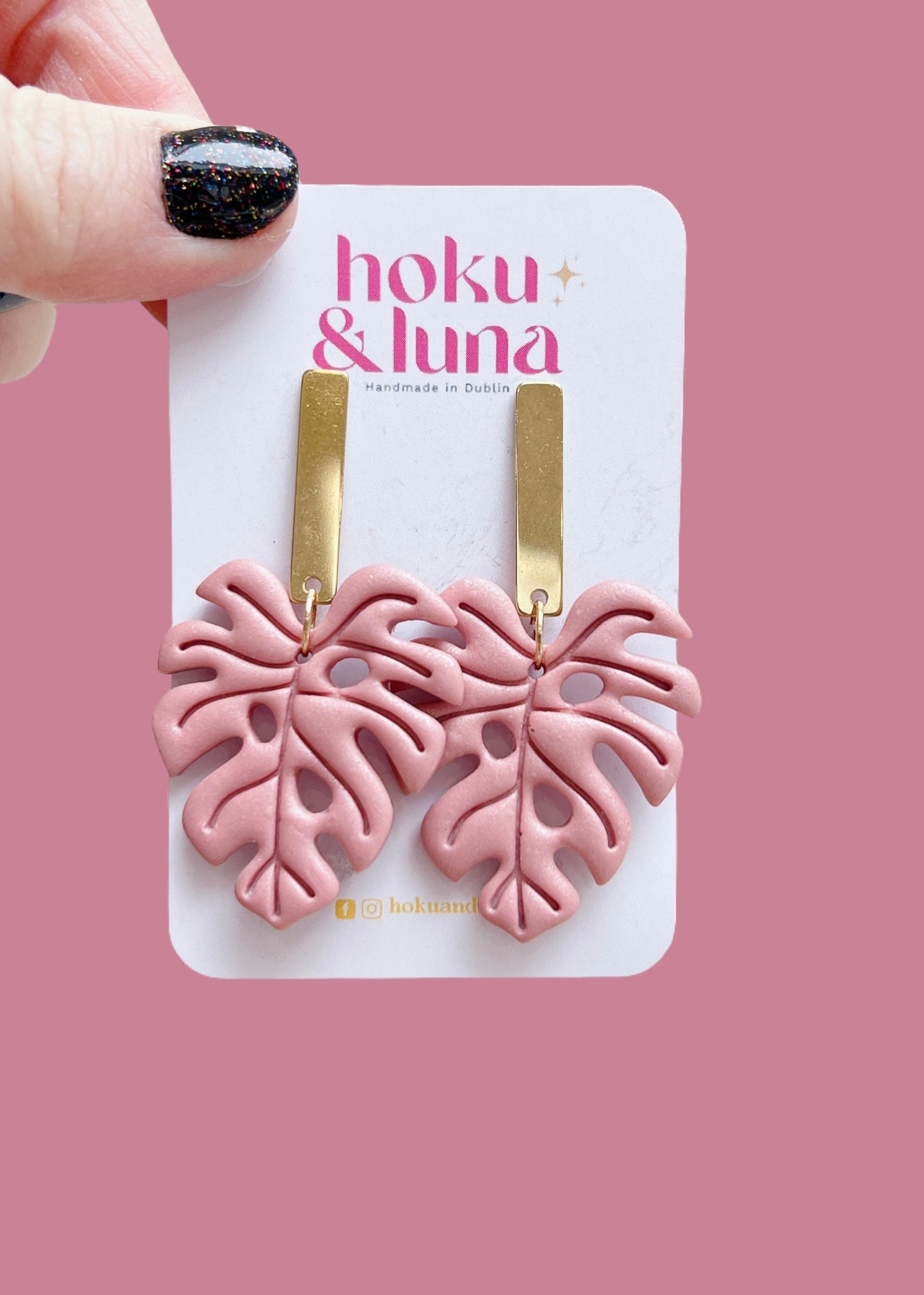 XL Pink Monstera Leaf Polymer Clay Earrings